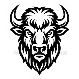 May include: A black and white illustration of a bison head. The bison has a detailed design with curved horns, a shaggy mane, and an intense gaze. The image is a graphic representation of a powerful animal.