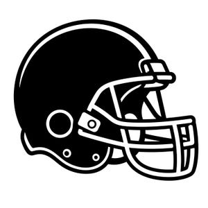 以下が含まれることがあります： アメリカンフットボール用ヘルメットの白黒グラフィックイラスト。黒一色のヘルメットシェルに白い輪郭線が描かれ、格子状の白いフェイスマスクと、ヘルメット側面に円形の耳穴のディテールがデザインされています。