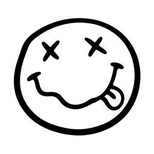 May include: A black and white graphic of a smiley face with crossed-out eyes and a tongue sticking out. The design features thick, uneven lines, giving it a hand-drawn appearance. The face is set against a plain white background.