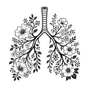 Op de afbeelding: Zwart-wit illustratie van longen met bloemmotieven. Het ontwerp toont een gestileerde weergave van de longen, waarbij de bronchiolen en de luchtpijp zijn vervangen door ingewikkelde bloemarrangementen, inclusief bloemen en bladeren.