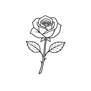 Op de afbeelding: Een zwart-witte lijntekening van een roos. De roos is in volle bloei afgebeeld, met gedetailleerde bloemblaadjes en twee bladeren aan de stengel, tegen een witte achtergrond.