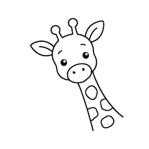 Puede incluir: Una ilustración de arte lineal en blanco y negro de la cabeza y el cuello de una jirafa. La jirafa presenta dos osiconos en la parte superior de la cabeza, orejas ovaladas grandes y un patrón de manchas en el cuello con ojos circulares.