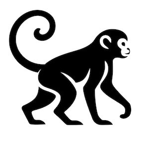 May include: A black and white illustration of a monkey in profile. The monkey has a long, curled tail and is walking on all fours. The design is simple and graphic, with clean lines and a minimalist aesthetic.