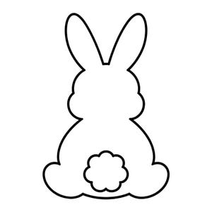Puede incluir: Un contorno en blanco y negro de un conejo visto desde atrás, con orejas largas, un cuerpo redondeado y una cola esponjosa. El diseño es sencillo y adecuado para manualidades y decoraciones de Pascua o primavera.