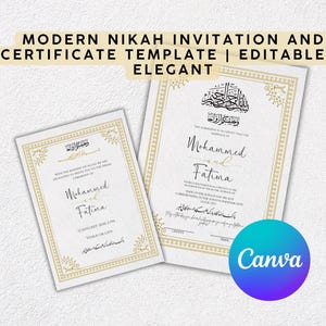 Islamitische Nikah-uitnodigingskaart en huwelijksakte | Moslimbruiloft | Canva-sjabloon downloaden