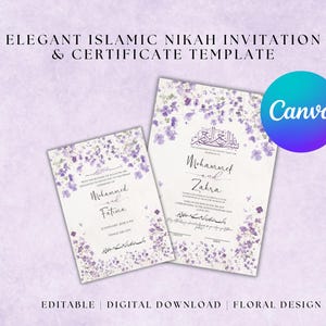 Conjunto de modelos de convite e certificado Nikah | Download digital para casamento islâmico | Cartão de casamento muçulmano floral editável (canva)