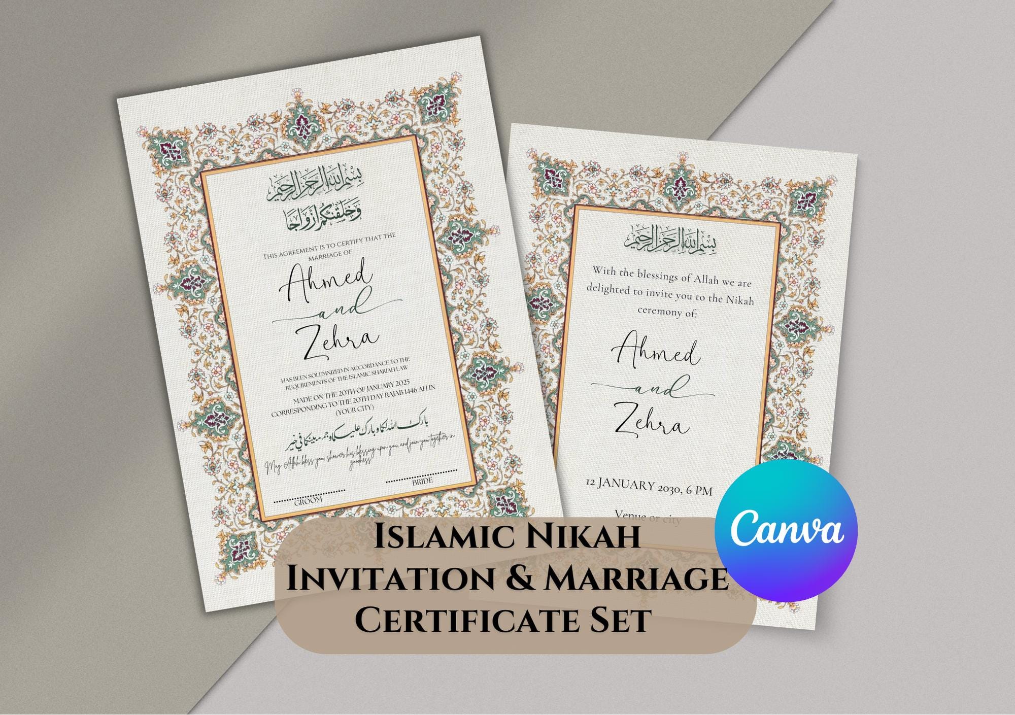 Editable Nikah Invitation & Certificate Template | Islamic Wedding Set | Canva Template | Digital Download
