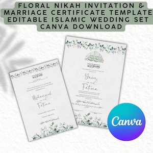 Plantilla de invitación floral Nikah y certificado de matrimonio / Conjunto editable para boda islámica / Descarga de Canva