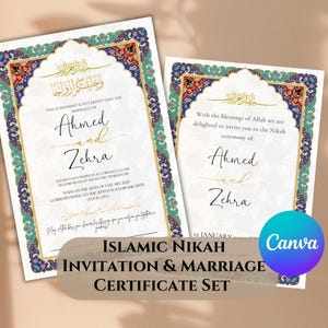 Plantilla editable de invitación y certificado para Nikah / Conjunto de boda islámica / Plantilla de Canva / Descarga digital