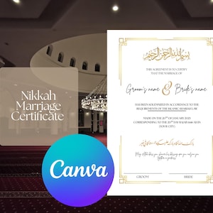 Plantilla de certificado de matrimonio islámico minimalista / Certificado de matrimonio Nikkah / Borde dorado / Plantilla editable de Canva / Árabe e inglés