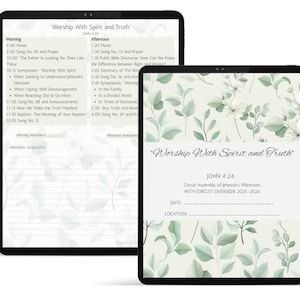 May include: Two digital tablets displaying a schedule titled "Worship With Spirit and Truth." The schedule includes morning and afternoon sessions with specific times and topics. The background features a floral design with green leaves and white flowers.