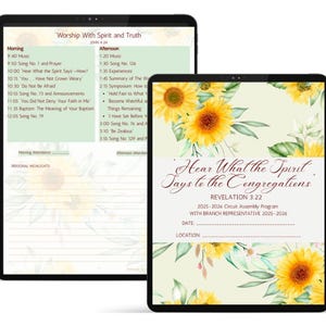 Könnte beinhalten: Zwei digitale Tablets mit einem religiösen Programm. Eines zeigt einen Zeitplan mit dem Titel „Anbetung mit Geist und Wahrheit“. Das andere Tablet zeigt den Text „Hört, was der Geist zu den Gemeinden sagt“ mit Sonnenblumenillustrationen.