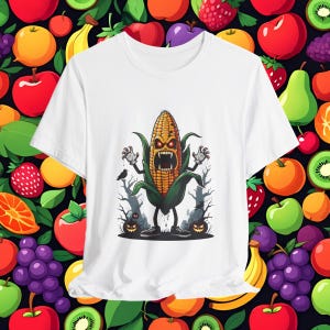 Halloween Scary Corn T-Shirt, Spooky Corn Mascot Tee, Horror Graphic Shirt, Funny Halloween Tee, Creepy Corn Unisex Top, Pumpkin Party Shirt