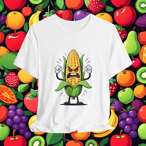 面白いトウモロコシの怒った顔のマスコットユニセックスTシャツ、面白い食べ物好きのTシャツ、トウモロコシ好きへのギフト、かわいいグラフィックTシャツ、夏の漫画シャツ、クロップトップトウモロコシ