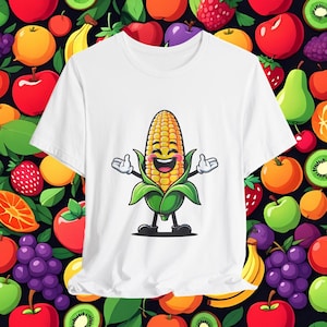 Happy Corn-mascotte, T-shirt uniseks, grappig T-shirt voor voedselliefhebber, cadeau maïsliefhebber, leuk grafisch T-shirt, zomershirt cartoon
