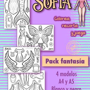 Puede incluir: Un conjunto de muñecas de papel con temática de fantasía con el nombre "SOFIA". El conjunto incluye diseños de sirenas, hadas y ángeles, con el texto "Pack fantasía" y "4 modelos A4 y A5 Blanco y negro". Las ilustraciones son en blanco y negro.