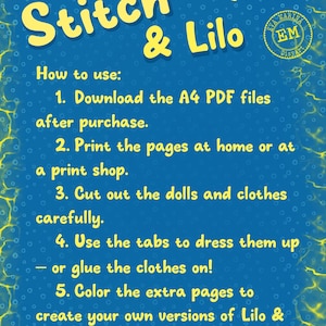 Peut inclure: Une feuille d'instructions bleue pour une poup&eacute;e en papier, avec les mots "Stitch & Lilo" en jaune. Les instructions expliquent comment t&eacute;l&eacute;charger, imprimer, d&eacute;couper et colorier les poup&eacute;es. Un logo circulaire avec le texte "Eva Marina Disvar" est visible.