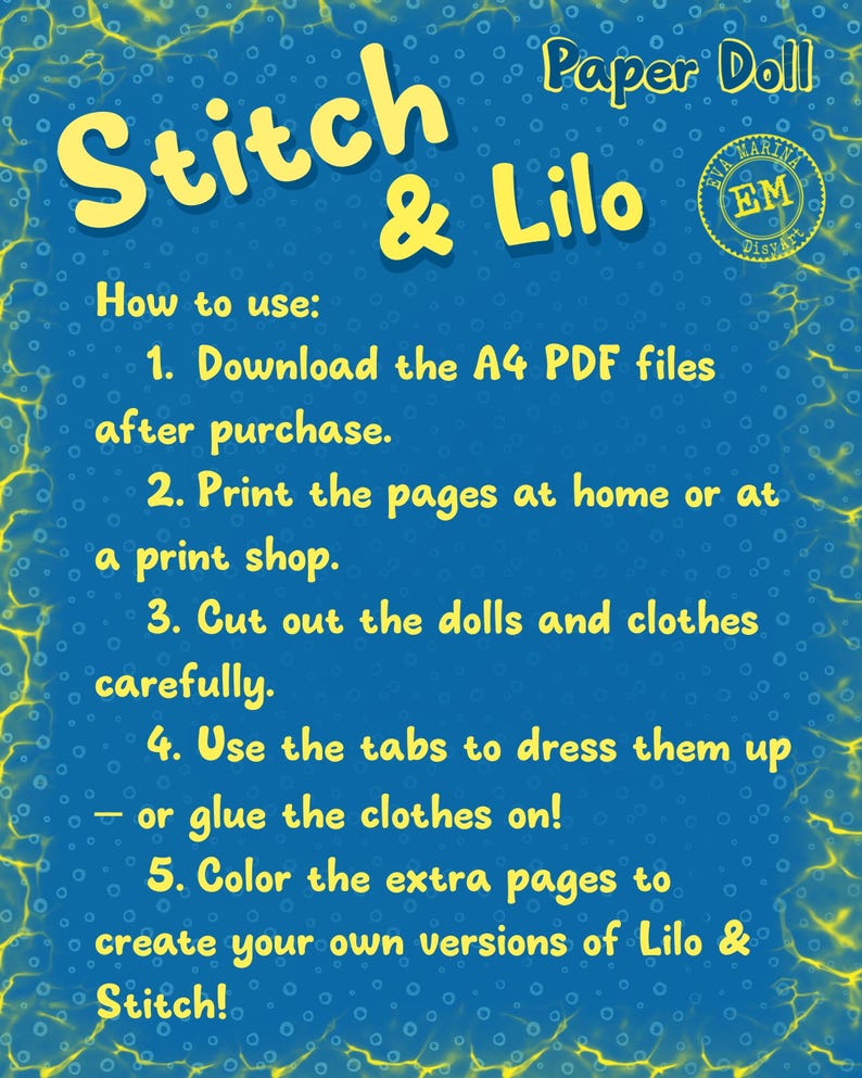 Peut inclure: Une feuille d'instructions bleue pour une poup&eacute;e en papier, avec les mots "Stitch & Lilo" en jaune. Les instructions expliquent comment t&eacute;l&eacute;charger, imprimer, d&eacute;couper et colorier les poup&eacute;es. Un logo circulaire avec le texte "Eva Marina Disvar" est visible.