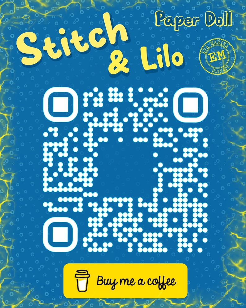 Peut inclure: Fond bleu avec les mots "Stitch & Lilo" en jaune, un code QR et un bouton jaune avec le texte "Buy me a coffee". L'image comprend &eacute;galement "Paper Doll" et un logo circulaire.
