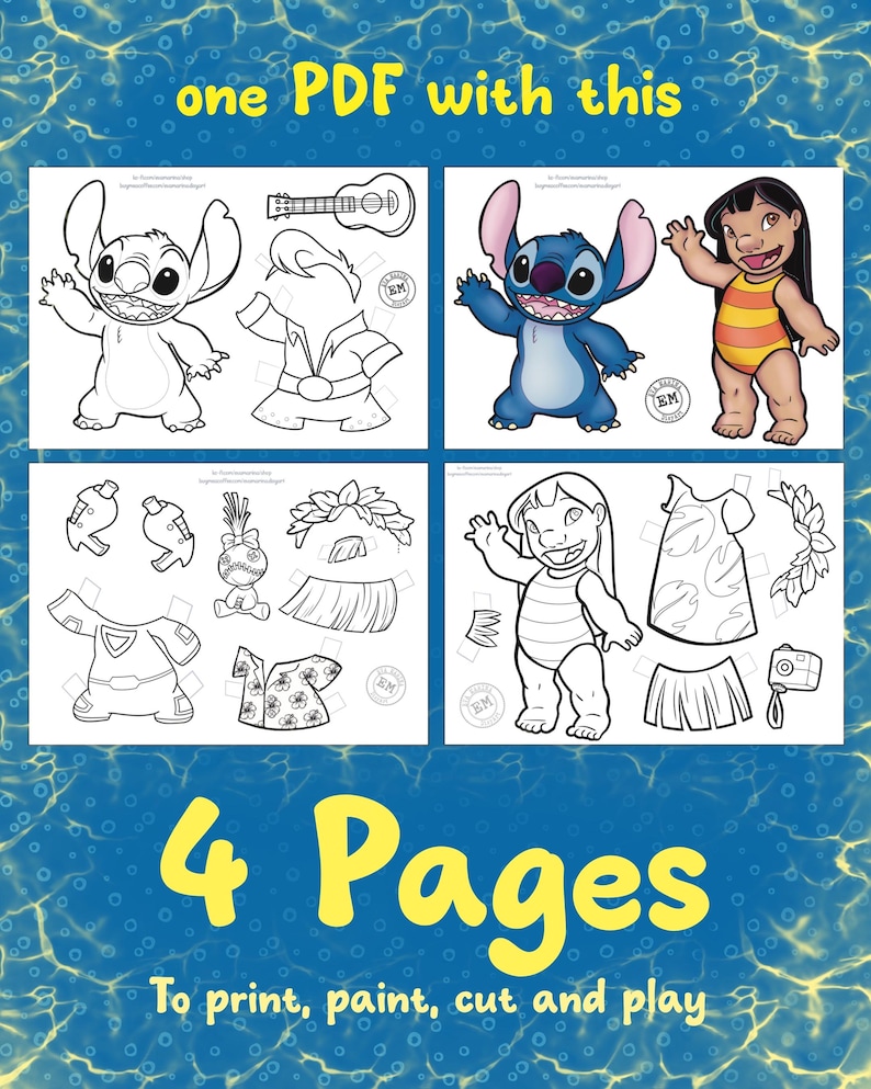 Peut inclure: Un t&eacute;l&eacute;chargement num&eacute;rique avec quatre pages de d&eacute;coupes de personnages d'un film d'animation populaire. Comprend un extraterrestre bleu, une jeune fille et diverses tenues et accessoires. Le texte indique "one PDF with this" et "4 Pages".