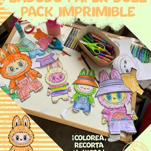 Labubu – Pagine da colorare con bambole di carta stampabili | Giocattolo ritagliato digitale | Confezione da 6 fogli | PDF | Bambola di carta | Giocattolo da ritagliare |