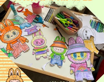 Labubu – Printable Paper Doll Coloring Page | Digital Cut-Out Toy | 6-Sheet Pack | PDF | Paper Doll | Cut-Out Toy |