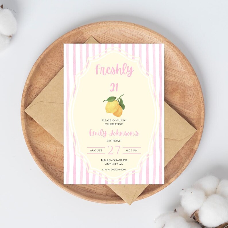 Freshly 21 Birthday Party Invite | Pink & Yellow Lemon Invitation image 6