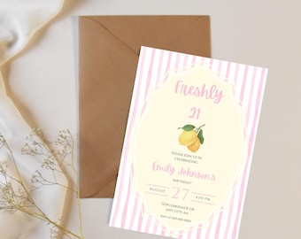 May include: A birthday invitation card featuring a pink and white vertical striped background with a central cream-colored scalloped frame. It displays two yellow lemons, the text Freshly 21, Emily Johnson's Birthday, August 27, 4:00 PM, and address details.