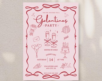 Galentine's Day Party Invite, Valentine's Editable Invitation Template, Pink and Red Theme, Digital Download