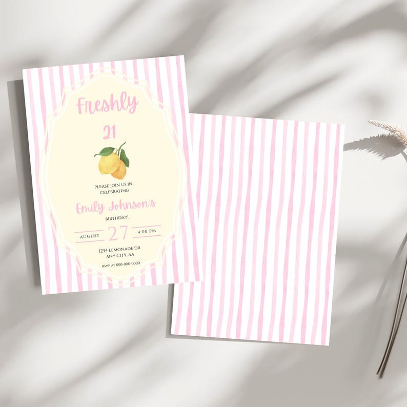 Freshly 21 Birthday Party Invite | Pink & Yellow Lemon Invitation image 3