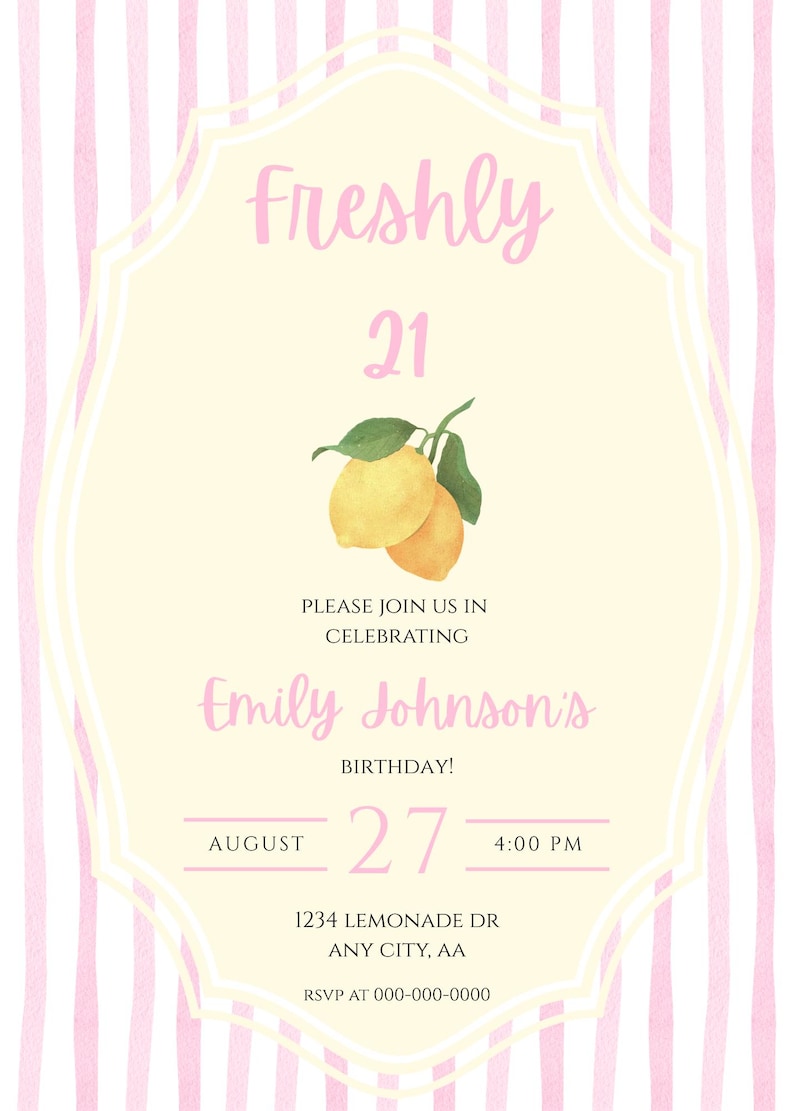 Freshly 21 Birthday Party Invite | Pink & Yellow Lemon Invitation image 4
