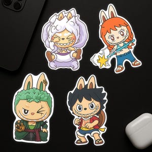 One Piece Labubu Stickers Set Luffy Zoro Nami Gear 5 | Cute Anime Chibi Vinyl Waterproof | Holographic Option Available