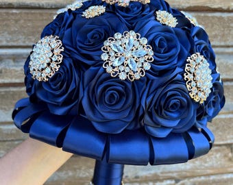 Navy Blue & Gold Quinceanera Brooch Bouquet: Keepsake Ribbon Flowers