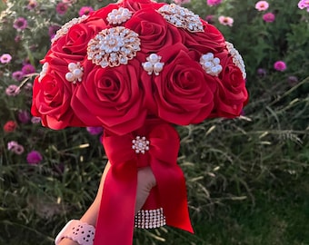 Red Quinceanera Brooch Bouquet: Gold or Silver Rhinestone Keepsake