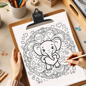 Pode incluir: Uma página para colorir em preto e branco com um elefante fofo segurando um coração. O elefante está rodeado por um design de mandala com corações e outros elementos decorativos.
