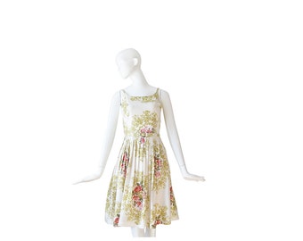 1950s Dress • 50s White Floral Dress • Day Dress • Small S