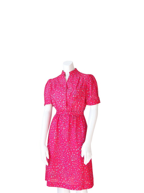 1980s Dress • 80s Hot Pink Floral Dress • Shirt D… - image 2