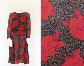 1970s Secretary Dress | 70s Red Roses Dress | Small S