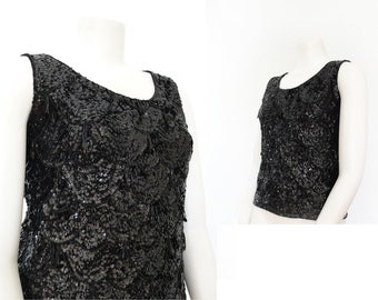 1950s Beaded Top | 50s Party Blouse | Black Sleevless | Large L / XL