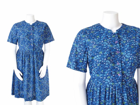 1960s Plus Size Dress • 60s Blue Floral Day Dress