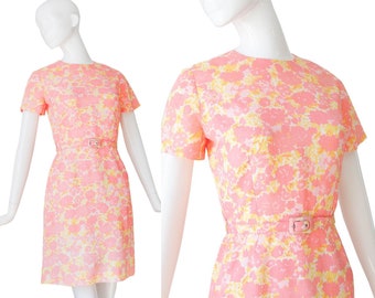 1960s Floral Dress | 60s Sheath Dress | Pink Yellow • S / M