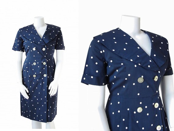 40s Plus Size Dress | 1940s Polka Dot Dress | Navy