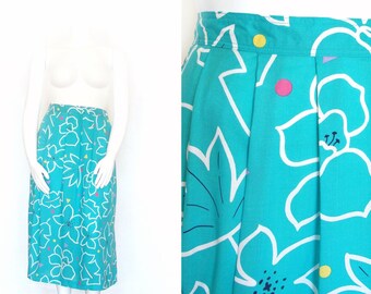 80s Skirt | 1980s Vintage Blue Flora Skirt | Large L