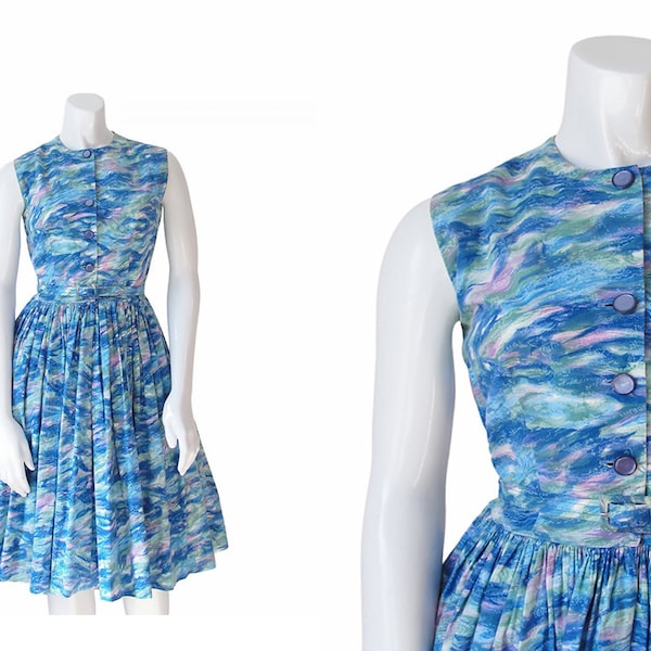 50s Dress • 1950s Day Dress • Blue Fit N' Flare • Full Skirt • XS / S