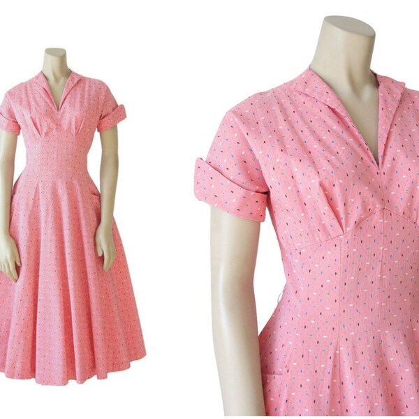 1950s Day Dress | Vintage 50s Pink Dress | Small S M