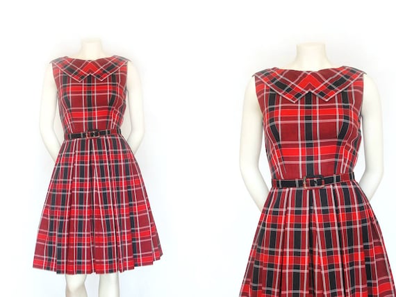 1950s Dress | Vintage Red Plaid 50s Dress | XXS XS