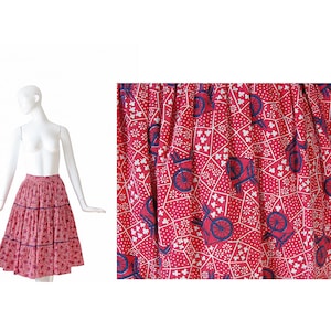 1950s Novelty Print Skirt • 50s Full Skirt • Antique Looms • Red•  Small S