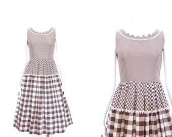 1950s Gingham Picnic Dress | Vintage 1950s Plaid Day Dress | Small S