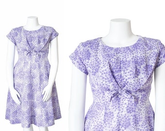 1950s Day Dress • 50s Purple Floral Dress • L  Large