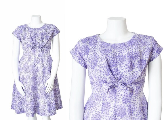 1950s Day Dress • 50s Purple Floral Dress • L Lar